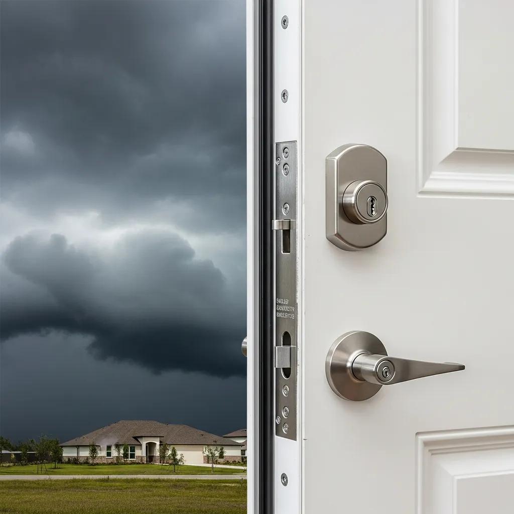 Hurricane impact door with robust design and secure hardware, showcasing stormy skies and residential setting, emphasizing maintenance importance for compliance and durability.