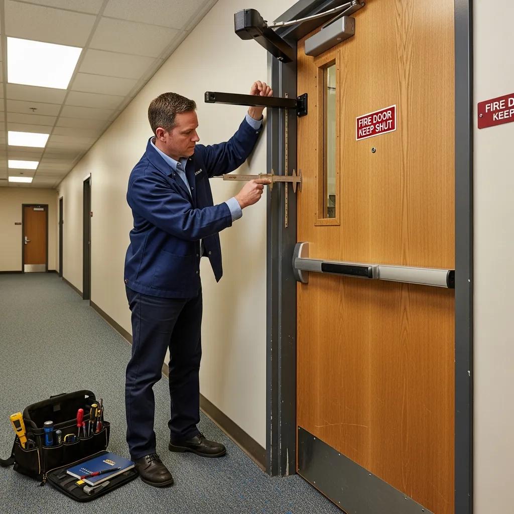 Inspector measuring fire door clearance during comprehensive safety inspection in a hallway, equipped with tools and compliance checklist.
