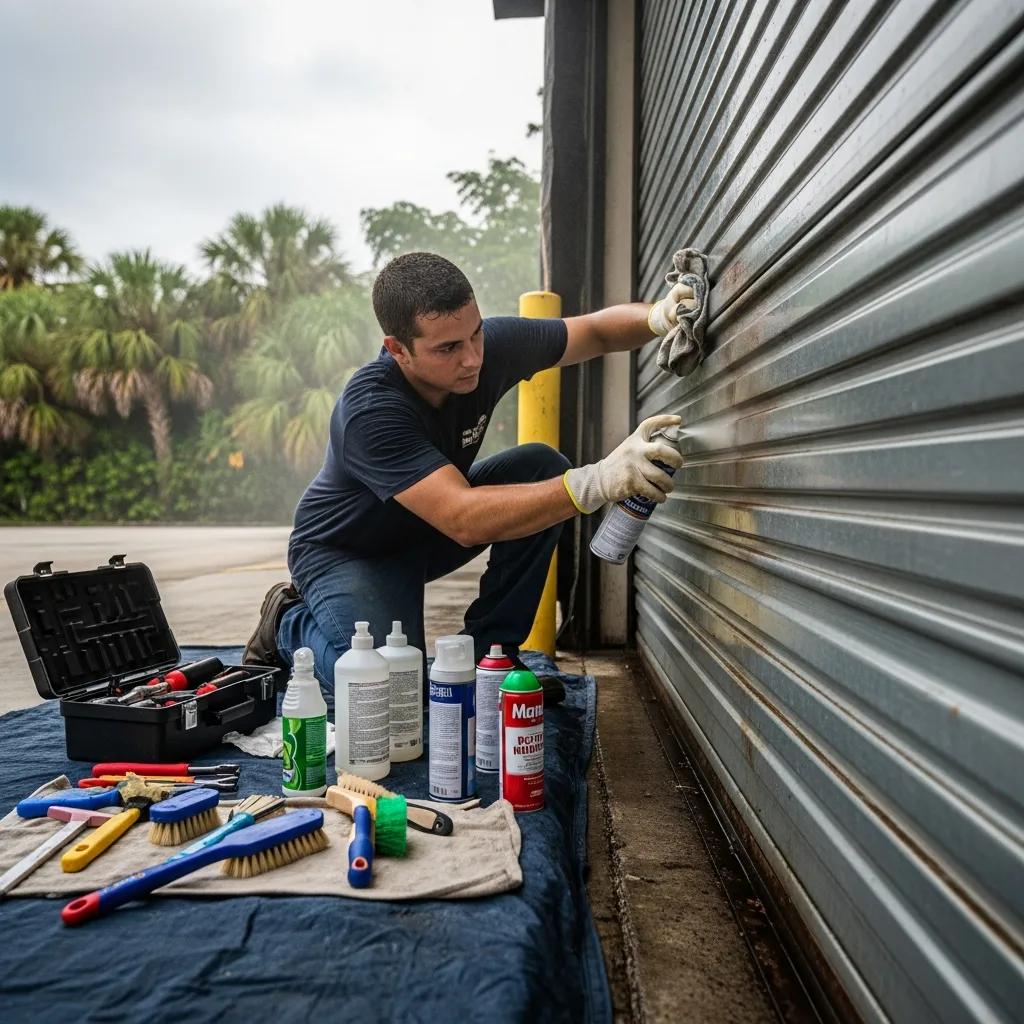 Person applying protective coating on commercial metal door, surrounded by cleaning tools and maintenance supplies, emphasizing rust prevention in humid Miami climate.