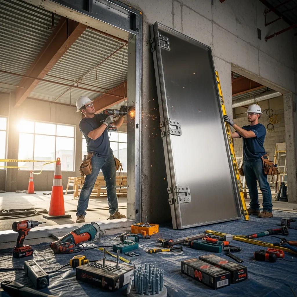 Professional installation of hurricane-rated metal doors, workers using tools, sparks flying, construction site setting, compliance with building standards.