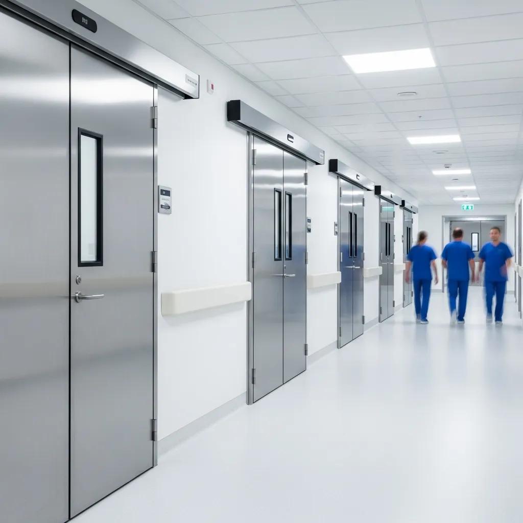 Stainless steel doors in a hospital corridor, emphasizing hygiene and safety, with healthcare professionals in blue scrubs walking past.