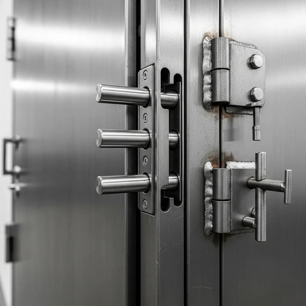 Close-up of a metal door locking mechanism featuring multi-point locks, showcasing security features essential for high-durability doors in Miami.