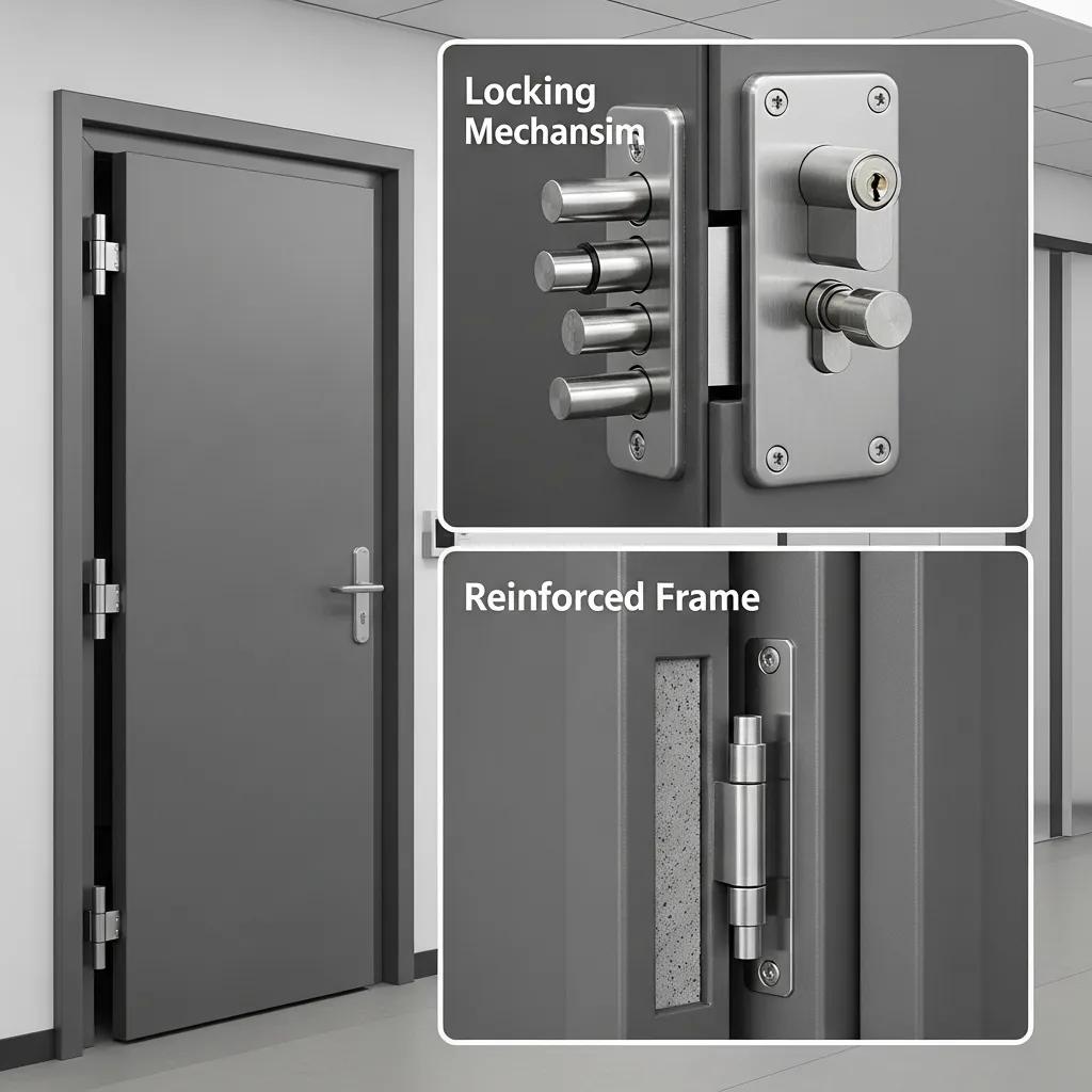 Close-up of steel door security features, including reinforced frames and advanced locks