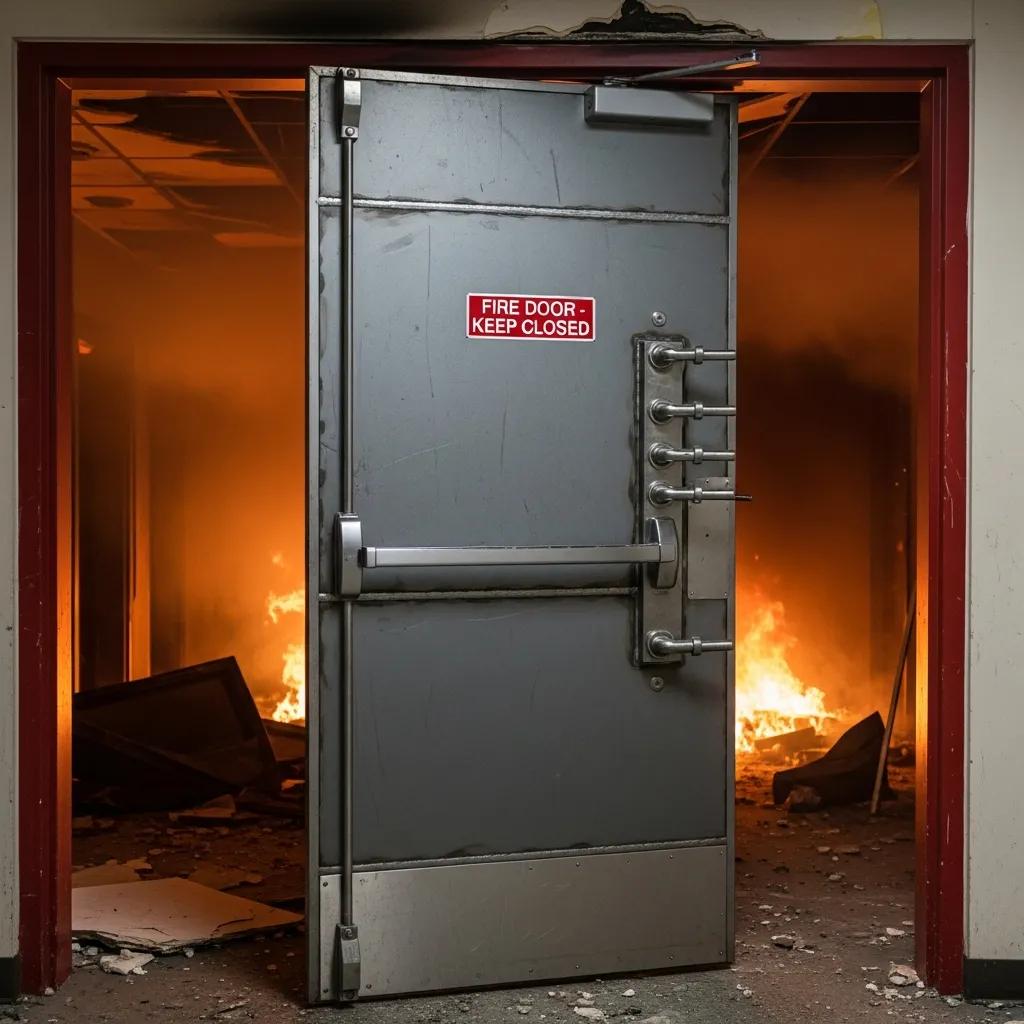 Fire-rated steel door in a commercial setting, demonstrating fire resistance and safety features
