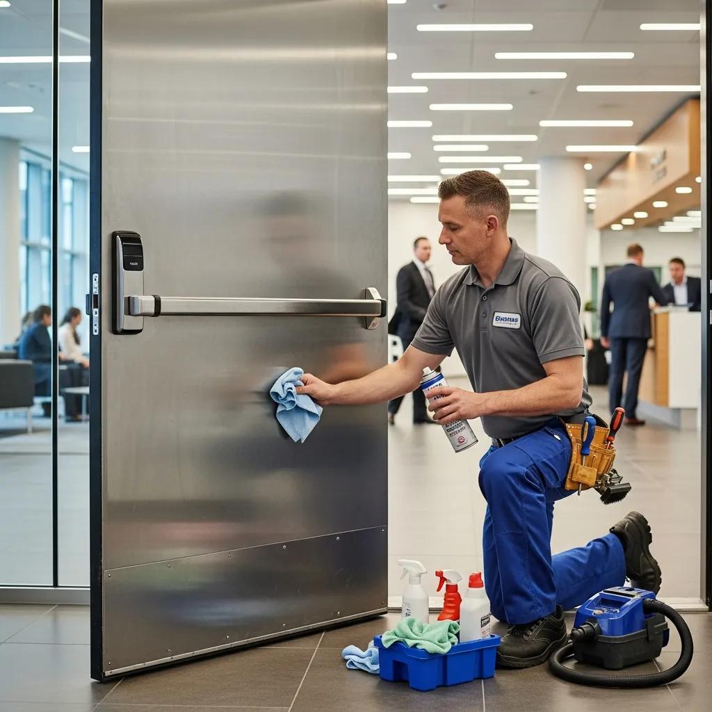 Maintenance professional inspecting a steel door, highlighting the importance of regular upkeep