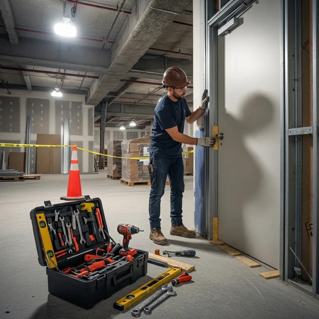 Professional installing a fire-rated steel door, showcasing installation process