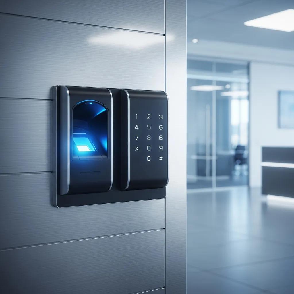 Smart access control system on a steel door, featuring biometric scanner and keyless entry