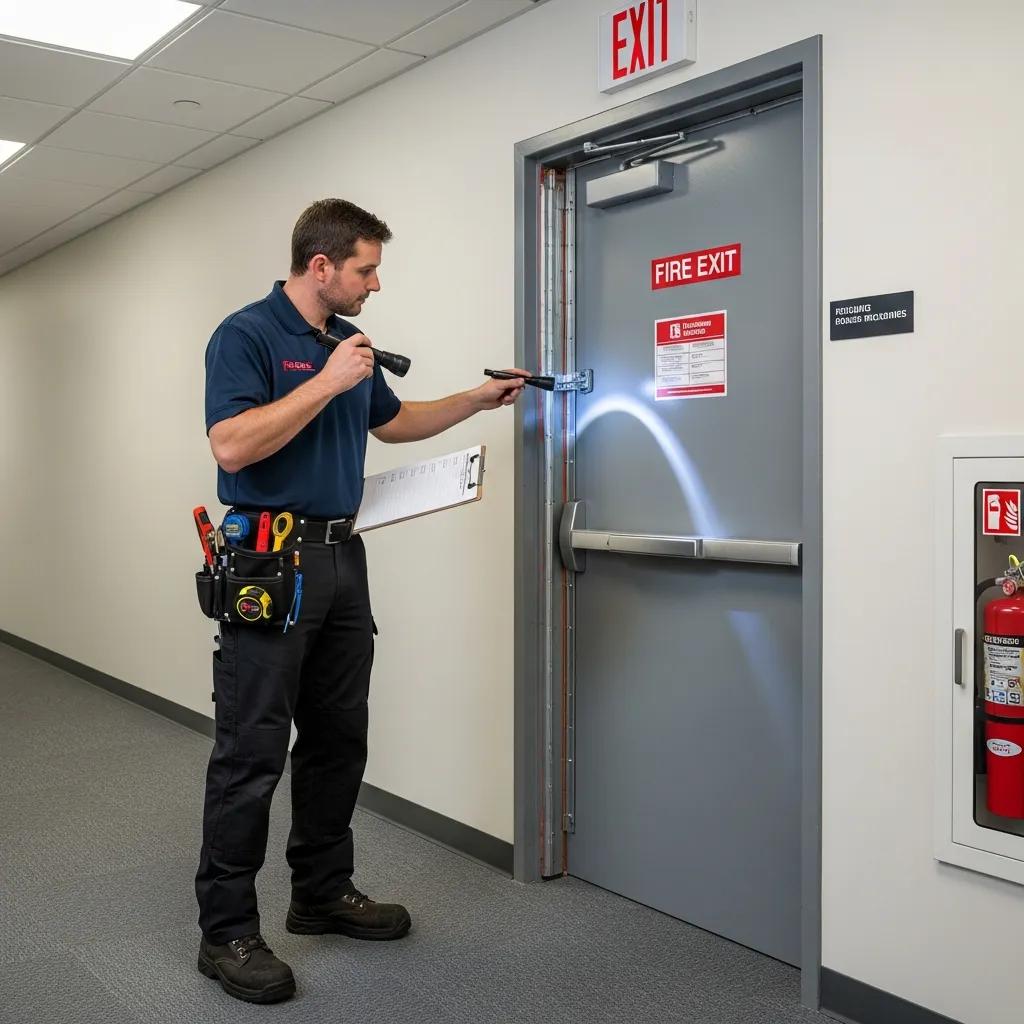 Technician inspecting a fire-rated steel door, emphasizing compliance checks