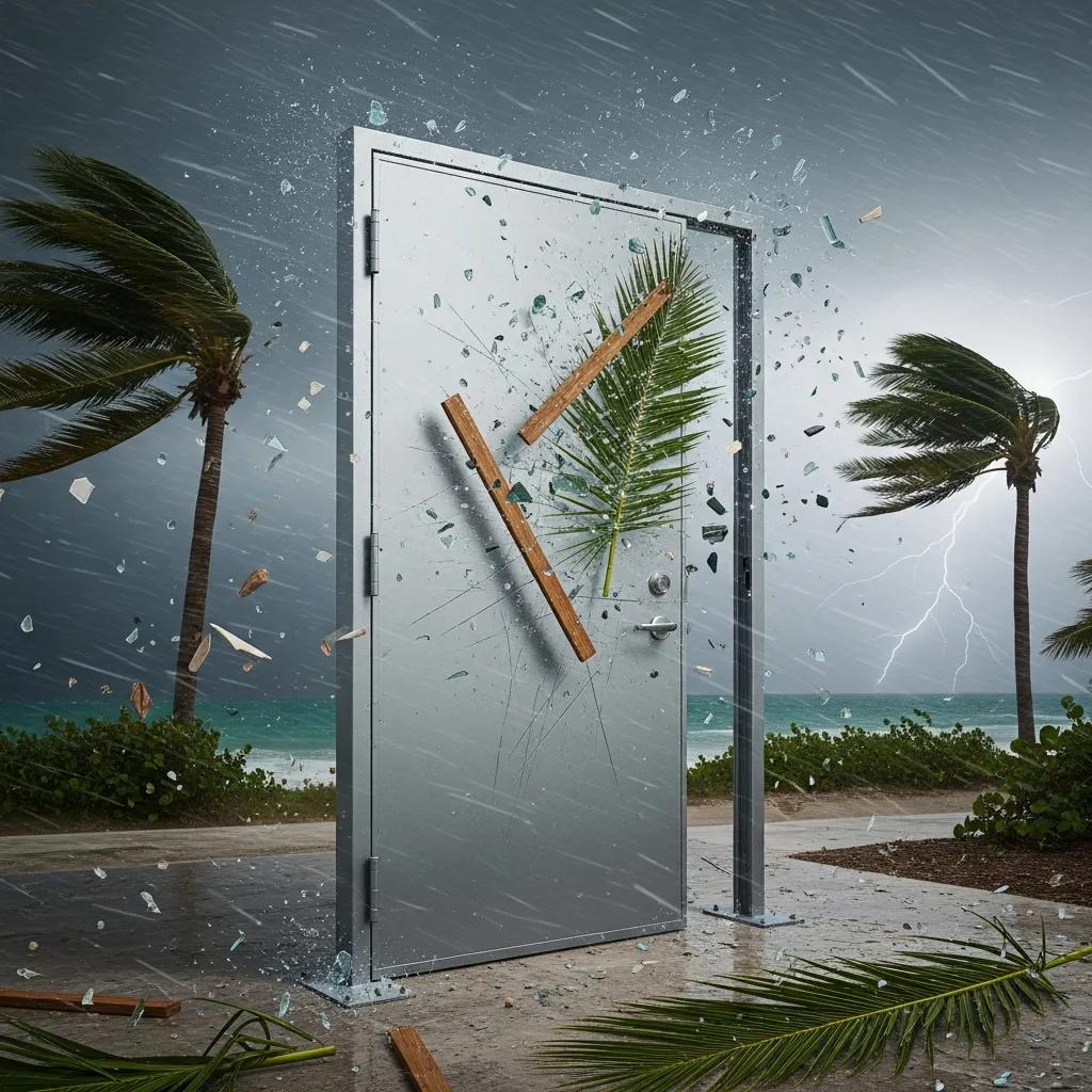 Hurricane impact metal door with debris and palm fronds being struck by strong winds, illustrating resilience against storm conditions in Miami.